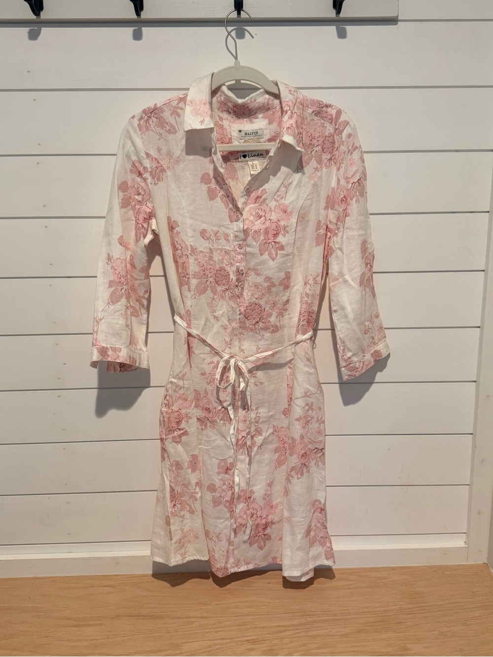 Malvin 100% Linen Pink Floral Shirt Dress Cottagecore European Fashion Size L